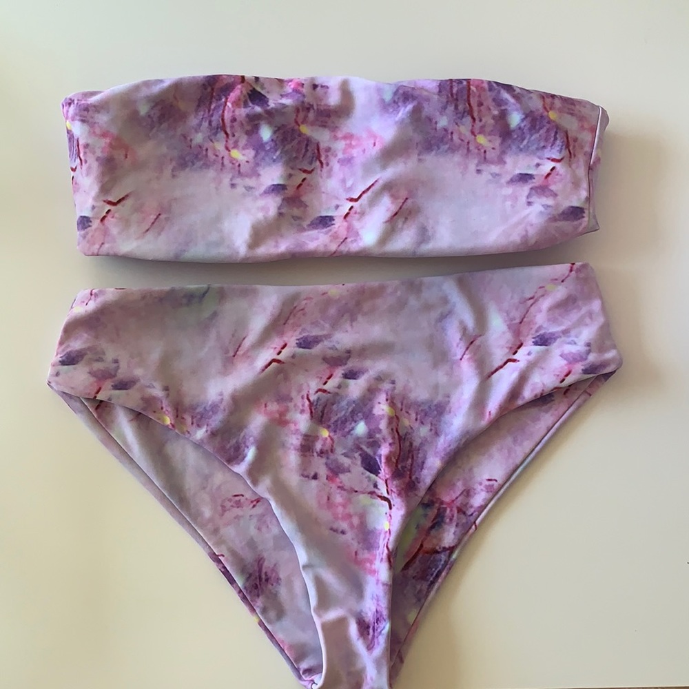 Marble Bandeau High Waisted Bikini Set from ZAFUL